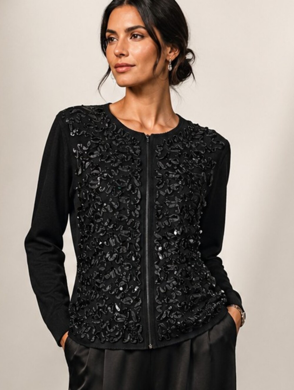 Vintage 80s Gantos Black Sequin Zip Cardigan Sweater Embellished Ribbon sz Small